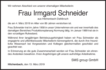 Traueranzeige von Irmgard Schneider von Siegener Zeitung