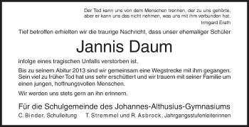 Traueranzeige von Jannis Daum von Siegener Zeitung