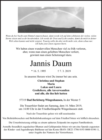 Traueranzeige von Jannis Daum von Siegener Zeitung