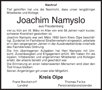 Traueranzeige von Joachim Namyslo von Siegener Zeitung