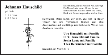 Traueranzeige von Johanna Hauschild von Siegener Zeitung