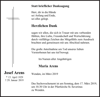 Traueranzeige von Josef Arens von Siegener Zeitung