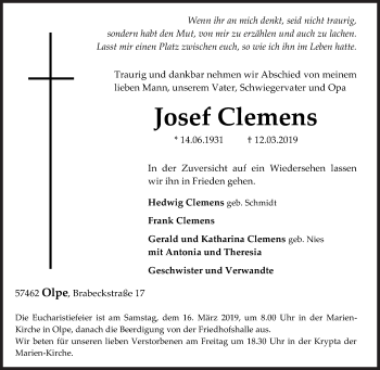 Traueranzeige von Josef Clemens von Siegener Zeitung