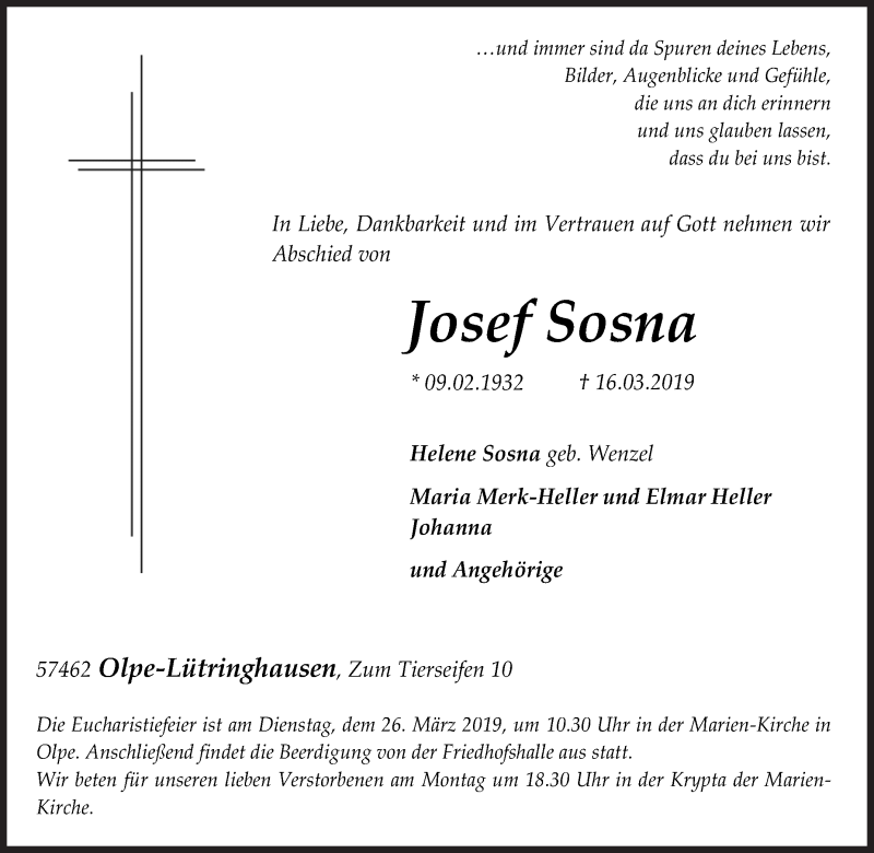  Traueranzeige für Josef Sosna vom 21.03.2019 aus Siegener Zeitung