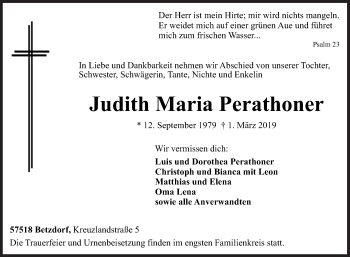 Traueranzeige von Judith Maria Perathoner von Siegener Zeitung