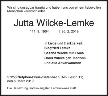 Traueranzeige von Jutta Wilcke-Lemke von Siegener Zeitung