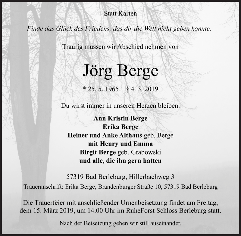  Traueranzeige für Jörg Berge vom 08.03.2019 aus Siegener Zeitung