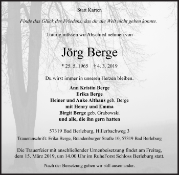 Traueranzeige von Jörg Berge von Siegener Zeitung