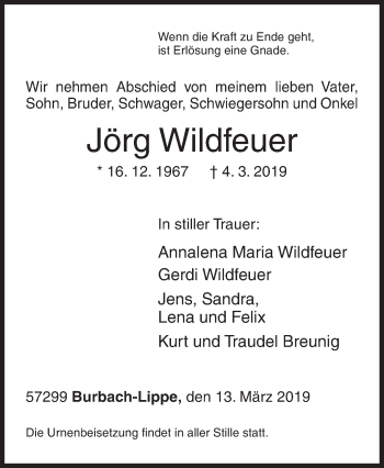 Traueranzeige von Jörg Wildfeuer von Siegener Zeitung