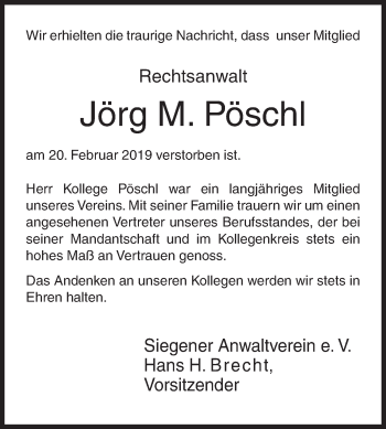 Traueranzeige von Jörg M. Pöschl von Siegener Zeitung