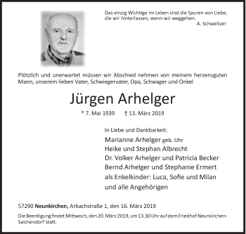 Traueranzeige von Jürgen Arhelger von Siegener Zeitung
