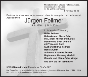 Traueranzeige von Jürgen Fellmer von Siegener Zeitung