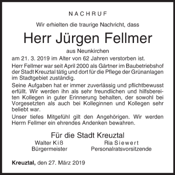 Traueranzeige von Jürgen Fellmer von Siegener Zeitung