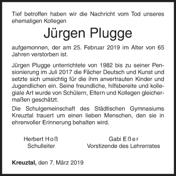 Traueranzeige von Jürgen Plugge von Siegener Zeitung