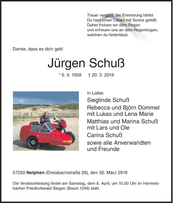 Traueranzeige von Jürgen Schuß von Siegener Zeitung