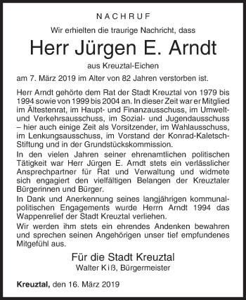 Traueranzeige von Jürgen E. Arndt von Siegener Zeitung