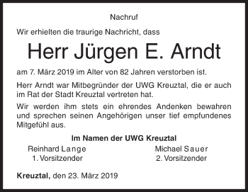 Traueranzeige von Jürgen E. Arndt von Siegener Zeitung