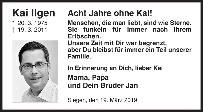  Traueranzeige für Kai Ilgen vom 19.03.2019 aus Siegener Zeitung