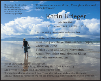 Traueranzeige von Karin Krieger von Siegener Zeitung