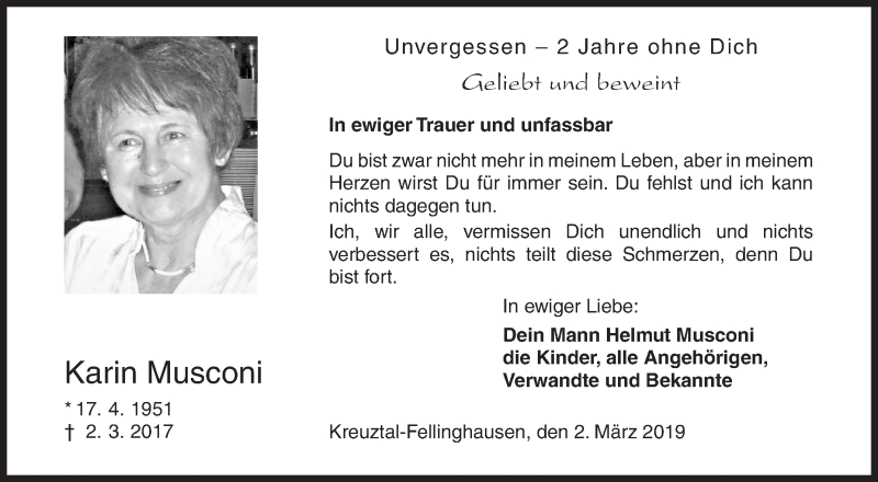  Traueranzeige für Karin Musconi vom 02.03.2019 aus Siegener Zeitung