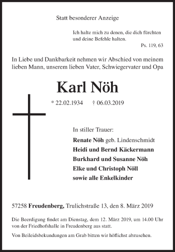 Traueranzeige von Karl Nöh von Siegener Zeitung