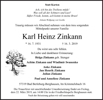 Traueranzeige von Karl Heinz Zinkann von Siegener Zeitung