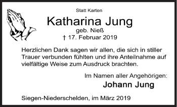 Traueranzeige von Katharina Jung von Siegener Zeitung