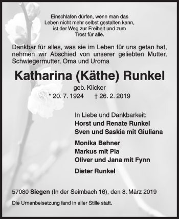 Traueranzeige von Katharina  Runkel von Siegener Zeitung
