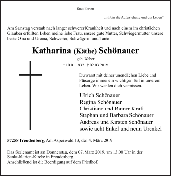 Traueranzeige von Katharina Schönauer von Siegener Zeitung