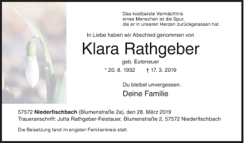 Traueranzeige von Klara Rathgeber von Siegener Zeitung