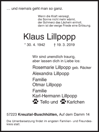 Traueranzeige von Klaus Lillpopp von Siegener Zeitung
