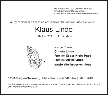 Traueranzeige von Klaus Linde von Siegener Zeitung