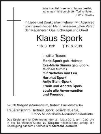 Traueranzeige von Klaus Spork von Siegener Zeitung