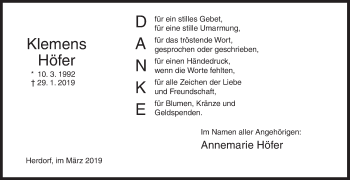 Traueranzeige von Klemens Höfer von Siegener Zeitung