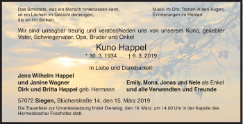 Traueranzeige von Kuno Happel von Siegener Zeitung