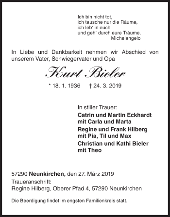 Traueranzeige von Kurt Bieler von Siegener Zeitung