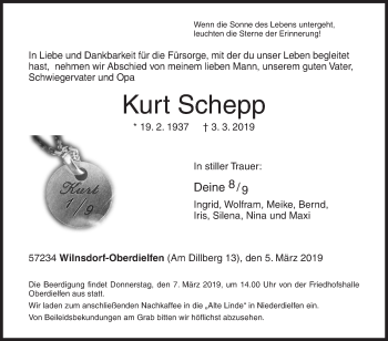 Traueranzeige von Kurt Schepp von Siegener Zeitung
