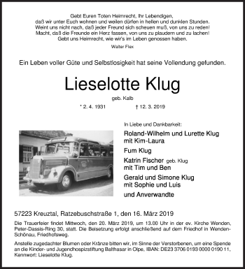 Traueranzeige von Lieselotte Klug von Siegener Zeitung