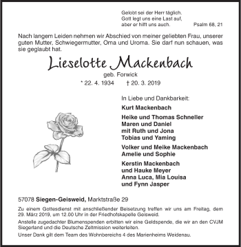 Traueranzeige von Lieselotte Mackenbach von Siegener Zeitung
