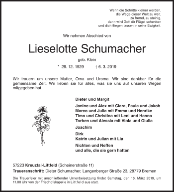 Traueranzeige von Lieselotte Schumacher von Siegener Zeitung