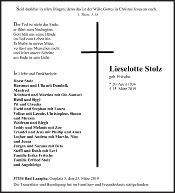 Traueranzeige von Lieselotte Stolz von Siegener Zeitung