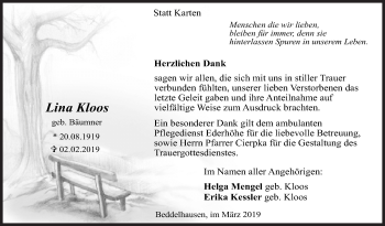 Traueranzeige von Lina Kloos von Siegener Zeitung
