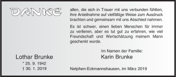 Traueranzeige von Lothar Brunke von Siegener Zeitung