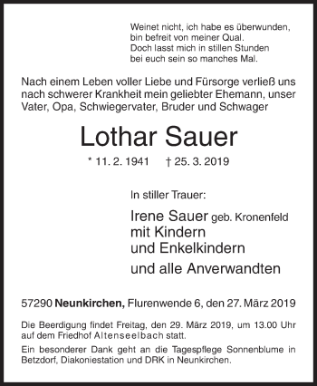 Traueranzeige von Lothar Sauer von Siegener Zeitung