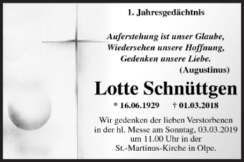 Traueranzeige von Lotte Schnüttgen von Siegener Zeitung