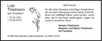 Traueranzeige von Lotti Thielmann von Siegener Zeitung