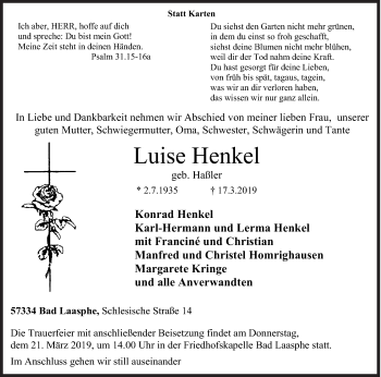 Traueranzeige von Luise Henkel von Siegener Zeitung
