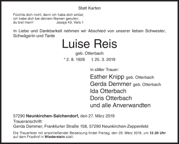 Traueranzeige von Luise Reis von Siegener Zeitung