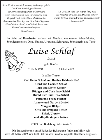 Traueranzeige von Luise Schlaf von Siegener Zeitung
