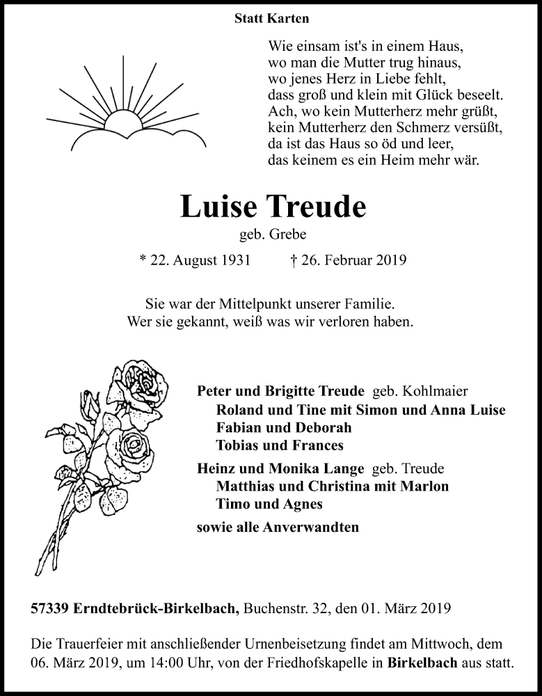  Traueranzeige für Luise Treude vom 01.03.2019 aus Siegener Zeitung